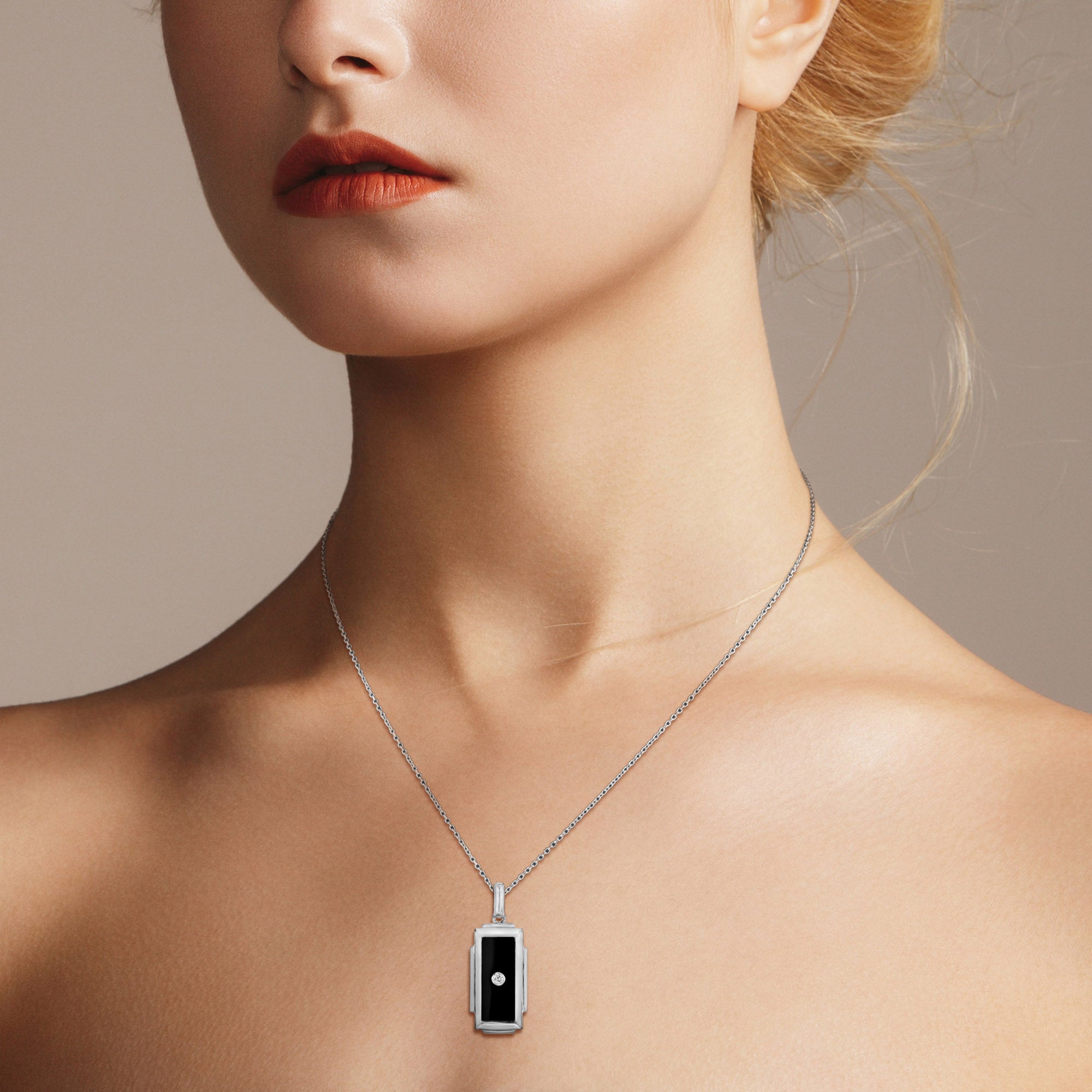 Diamond Onyx Art Deco Style Rectangular Shape White Gold Pendant