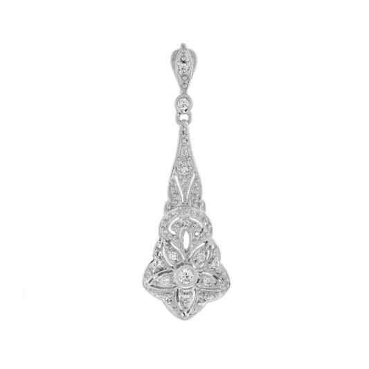 Diamond Art Deco Inspired Style Floral 14K White Gold Pendant