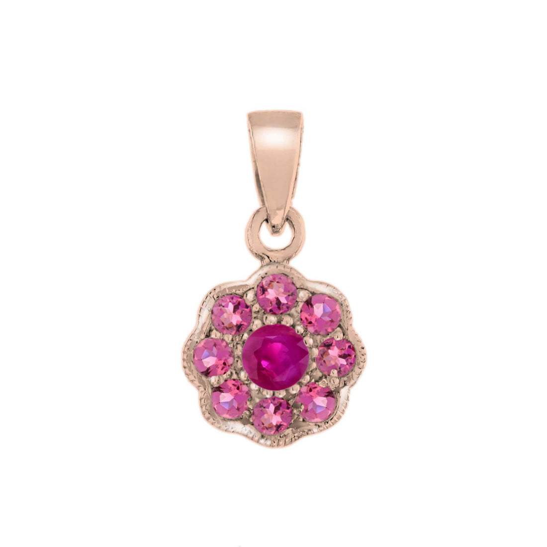 Ruby & Pink Tourmaline Floral Flower Cluster 14K Rose Gold Pendant