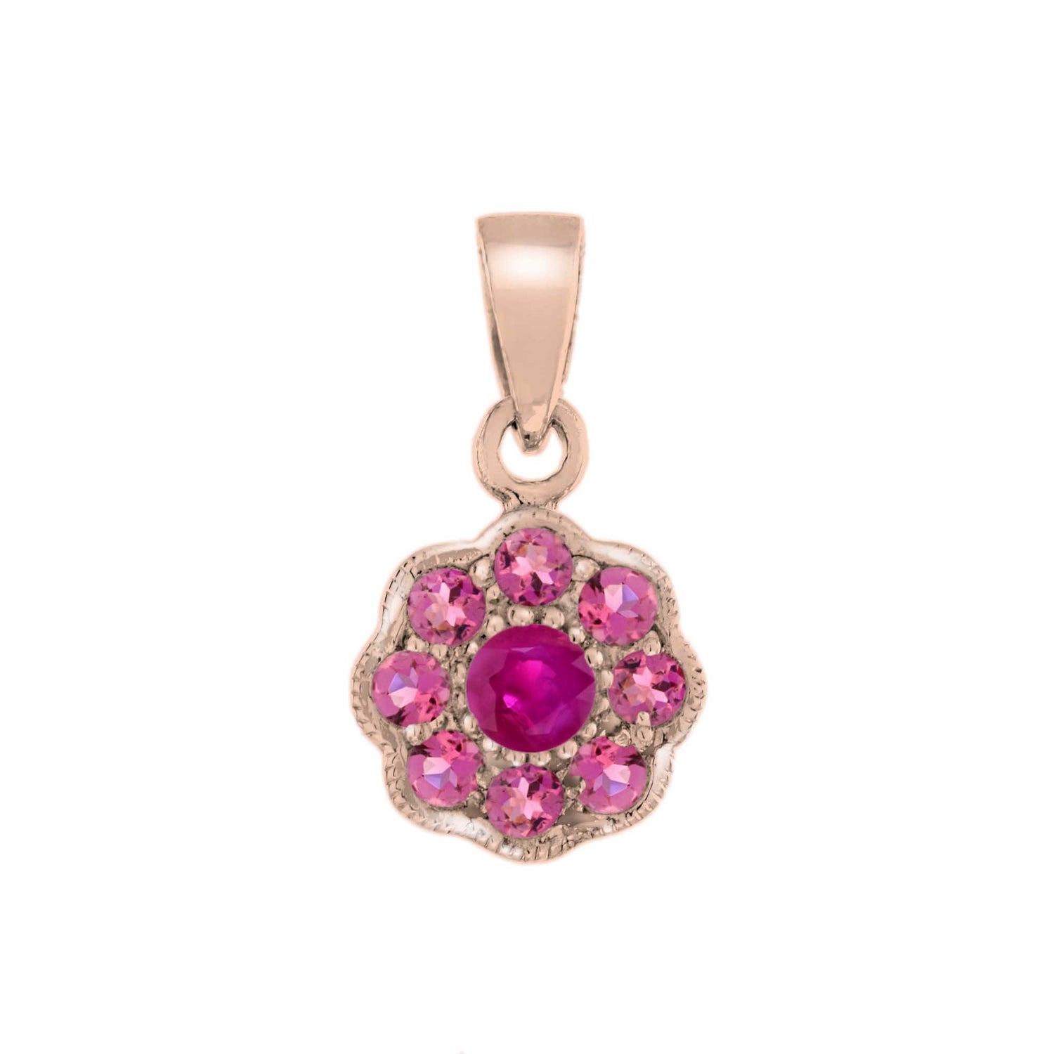 Ruby &amp; Pink Tourmaline Floral Flower Cluster 14K Rose Gold Pendant