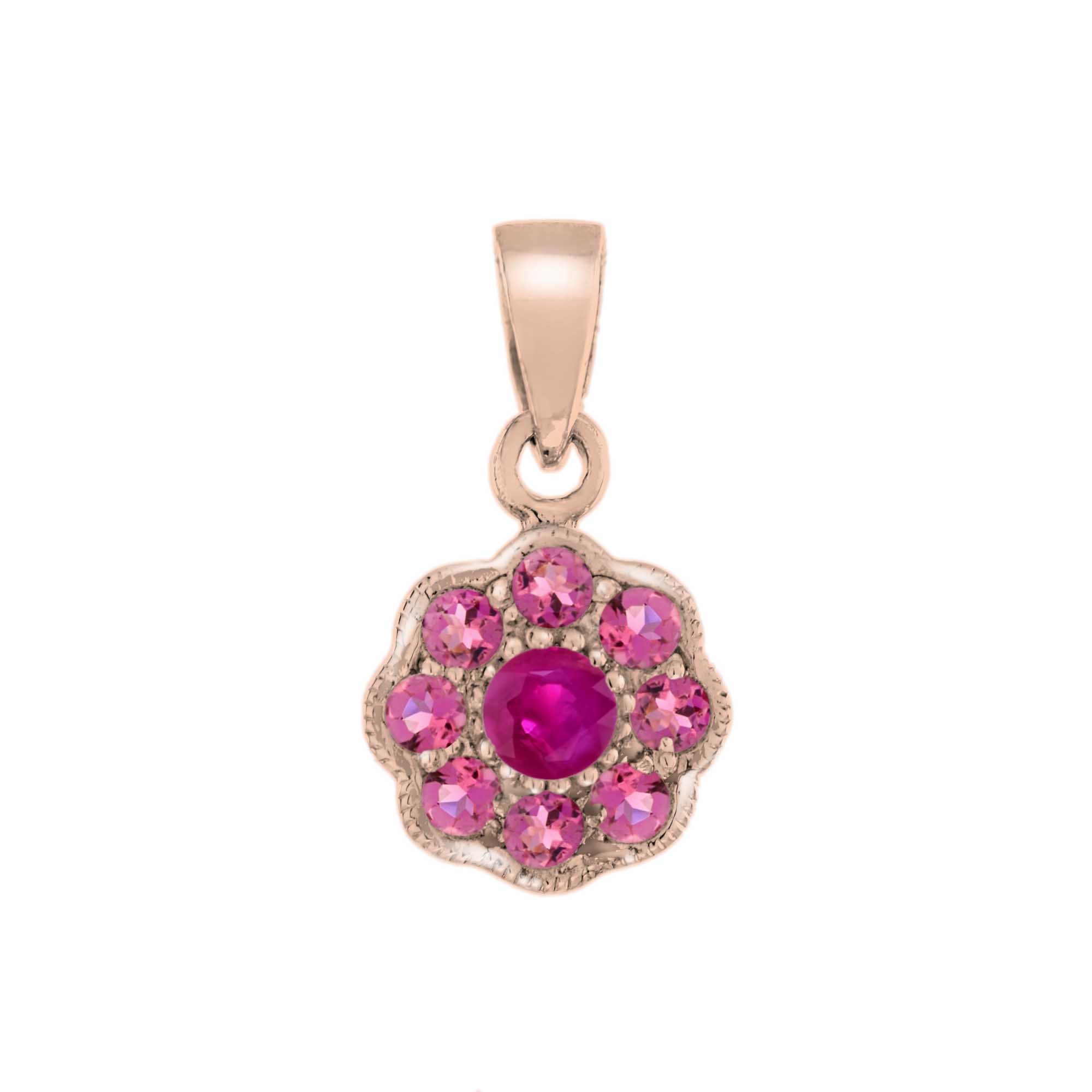 Ruby &amp; Pink Tourmaline Floral Flower Cluster 14K Rose Gold Pendant