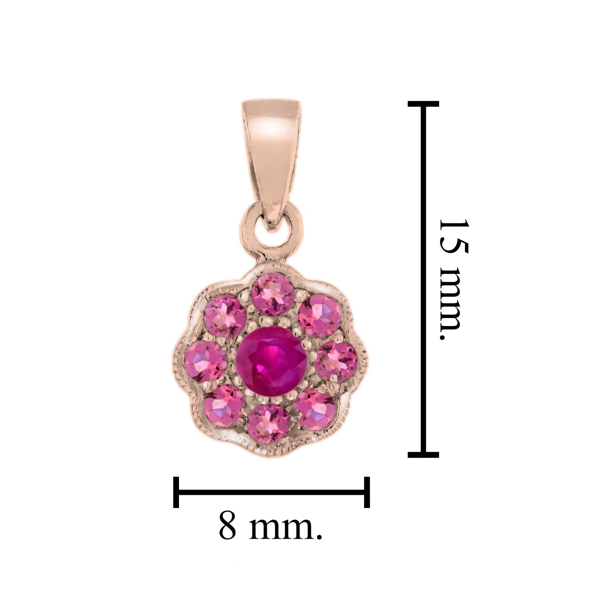 Ruby & Pink Tourmaline Floral Flower Cluster 14K Rose Gold Pendant