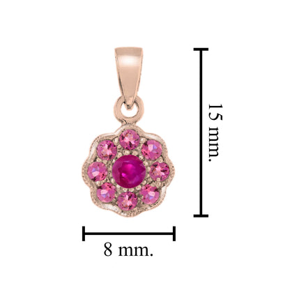 Ruby & Pink Tourmaline Floral Flower Cluster 14K Rose Gold Pendant