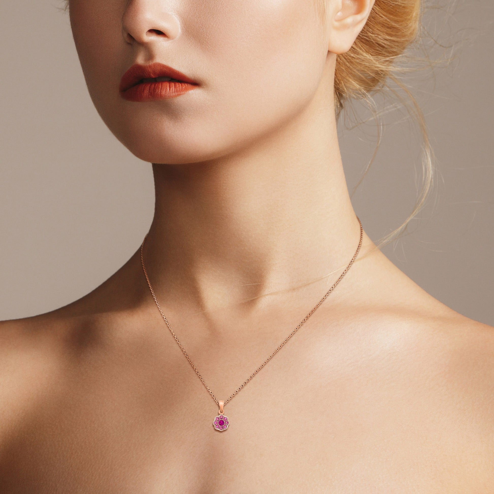 Ruby & Pink Tourmaline Floral Flower Cluster 14K Rose Gold Pendant