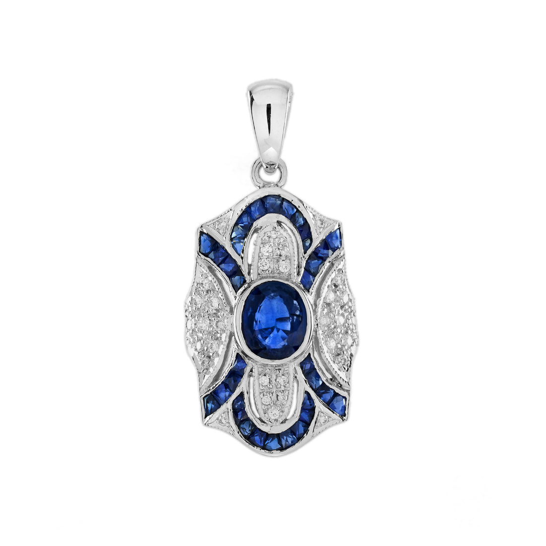 Oval Blue Sapphire & Diamond Pave Set Art Deco Style 14K White Gold Pendant