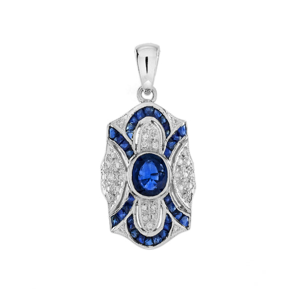 2.80 Ctw Art Deco Style Blue Sapphire & Diamond 14K White Gold Pendant