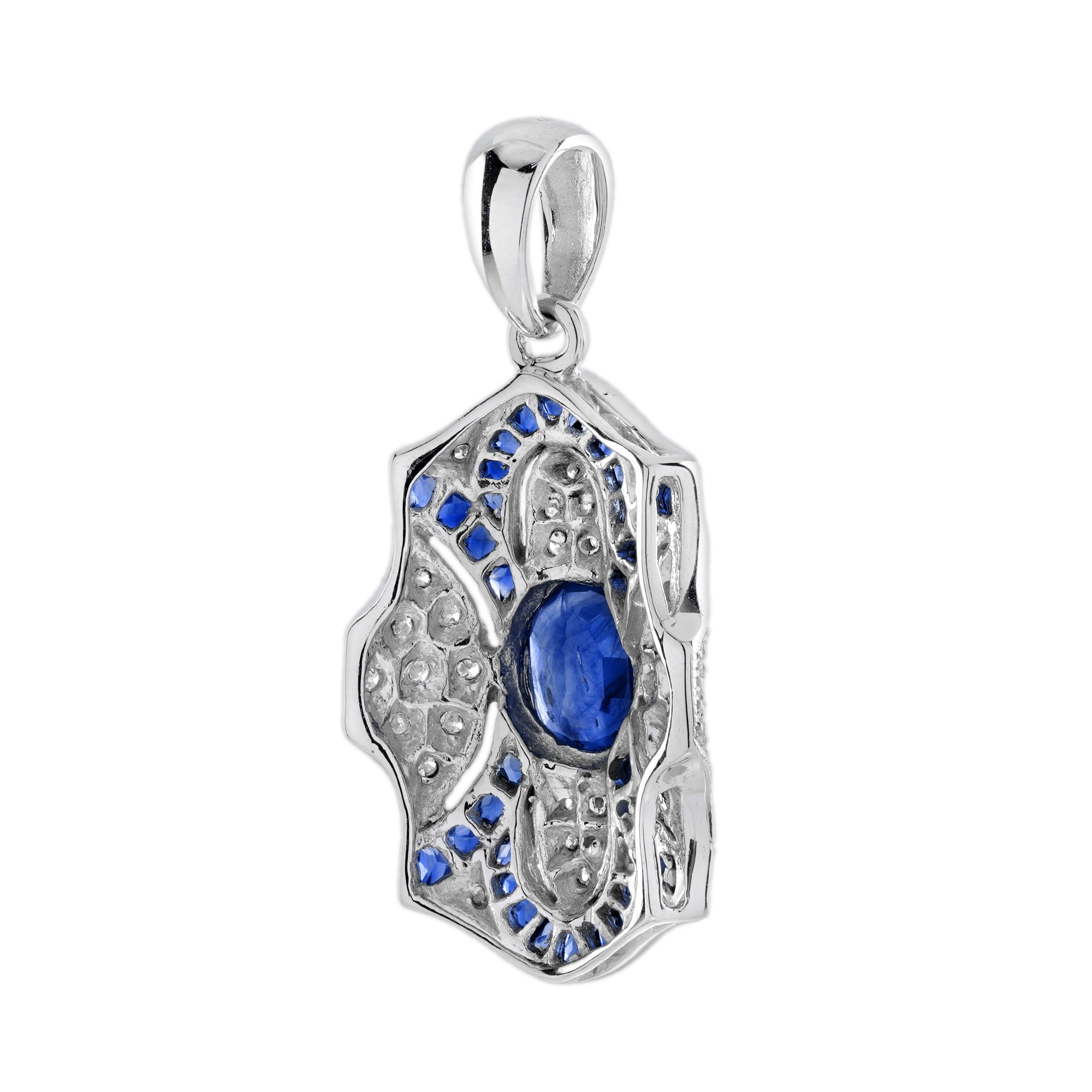 Oval Blue Sapphire &amp; Diamond Pave Set Art Deco Style 14K White Gold Pendant