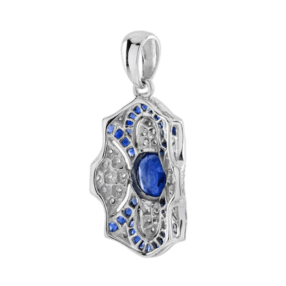 Oval Blue Sapphire & Diamond Pave Set Art Deco Style 14K White Gold Pendant