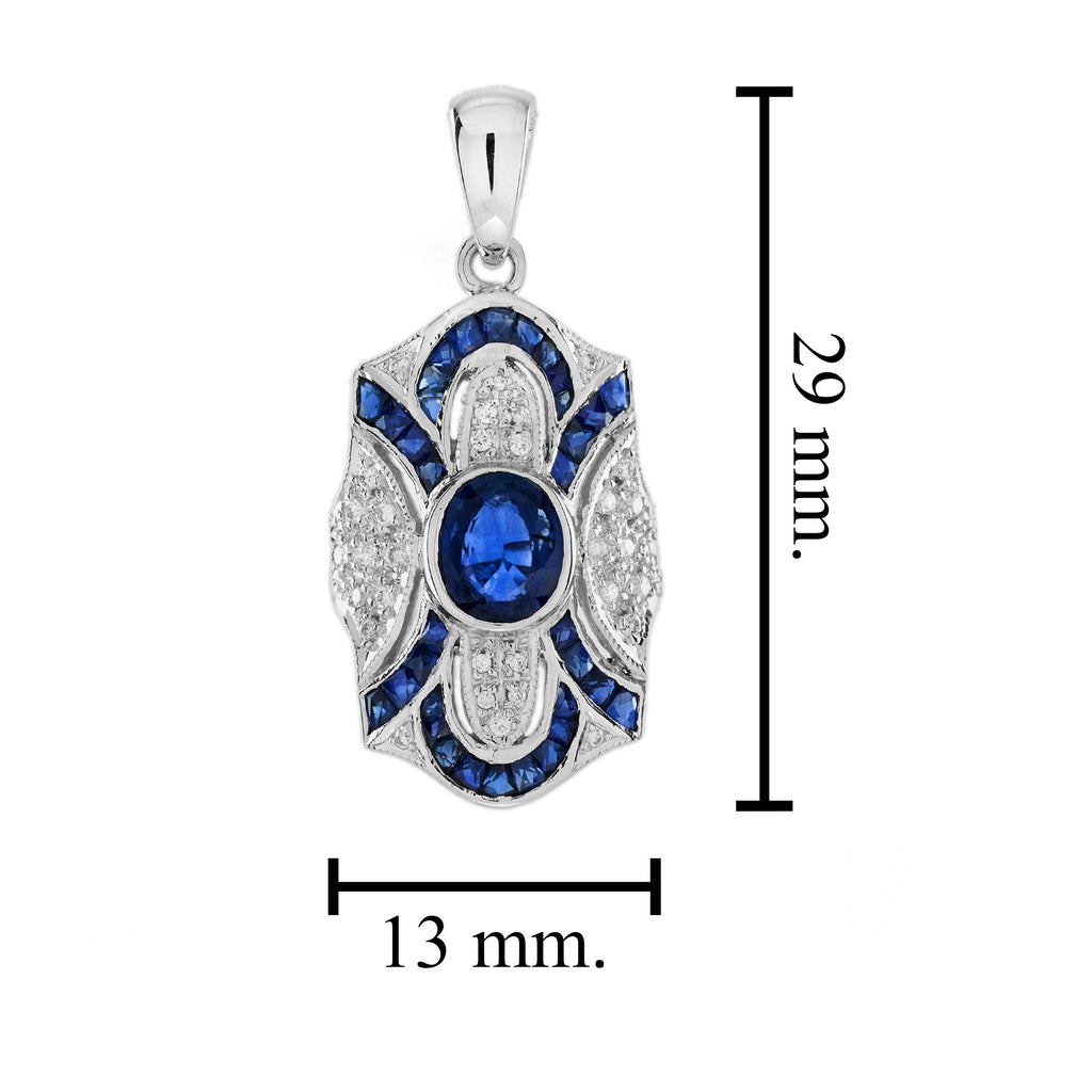 Oval Blue Sapphire & Diamond Pave Set Art Deco Style 14K White Gold Pendant