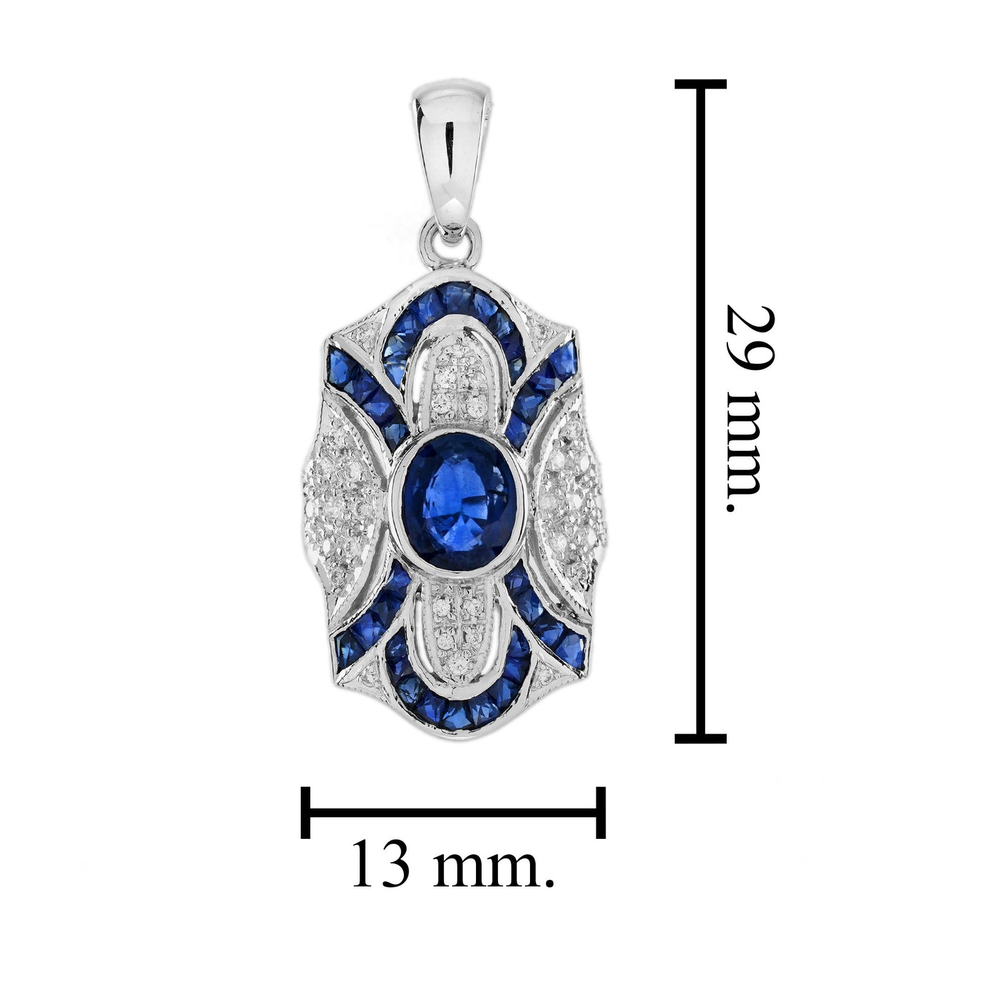 oval blue sapphire & diamond pave set art deco style 14k white gold pendant