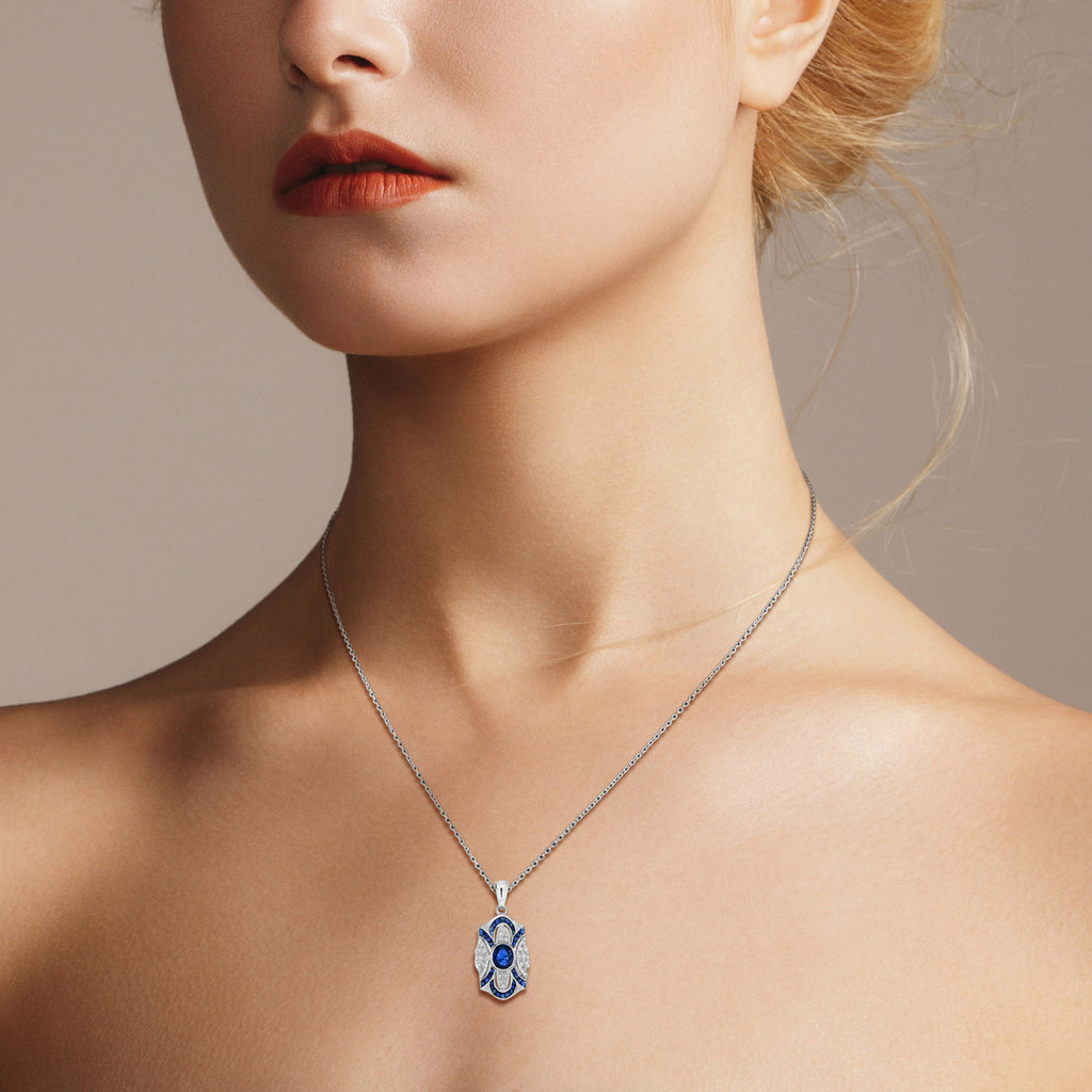 Oval Blue Sapphire & Diamond Pave Set Art Deco Style 14K White Gold Pendant