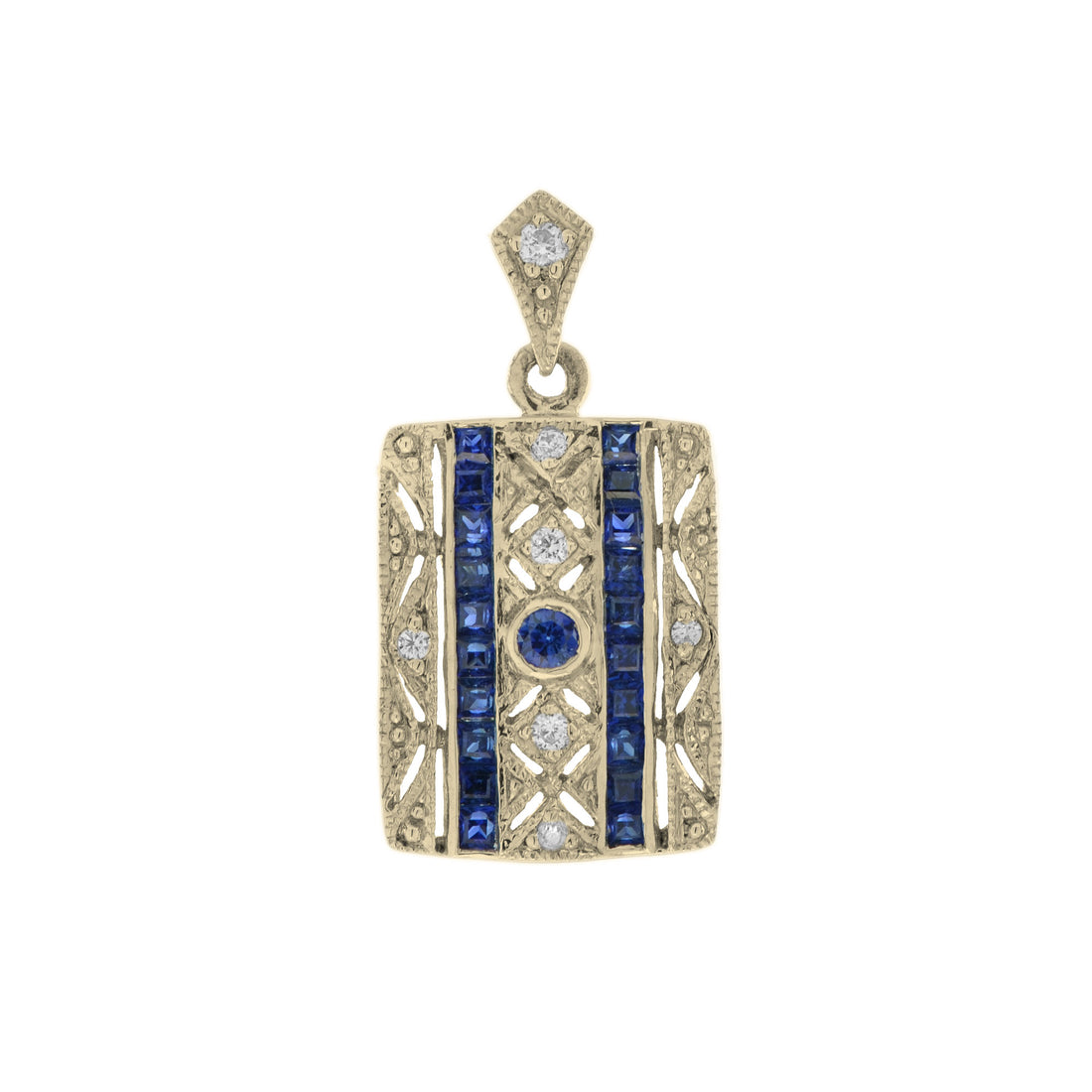 Art Deco Style Blue Sapphire & Diamond Square 14K Yellow Gold Pendant