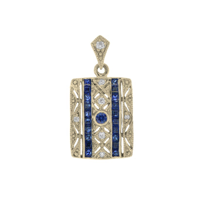 Art Deco Style Blue Sapphire &amp; Diamond Square 14K Yellow Gold Pendant