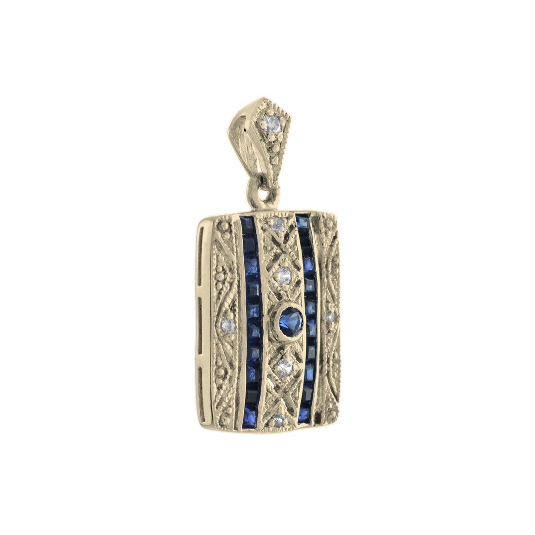 Art Deco Style Blue Sapphire &amp; Diamond Square 14K Yellow Gold Pendant