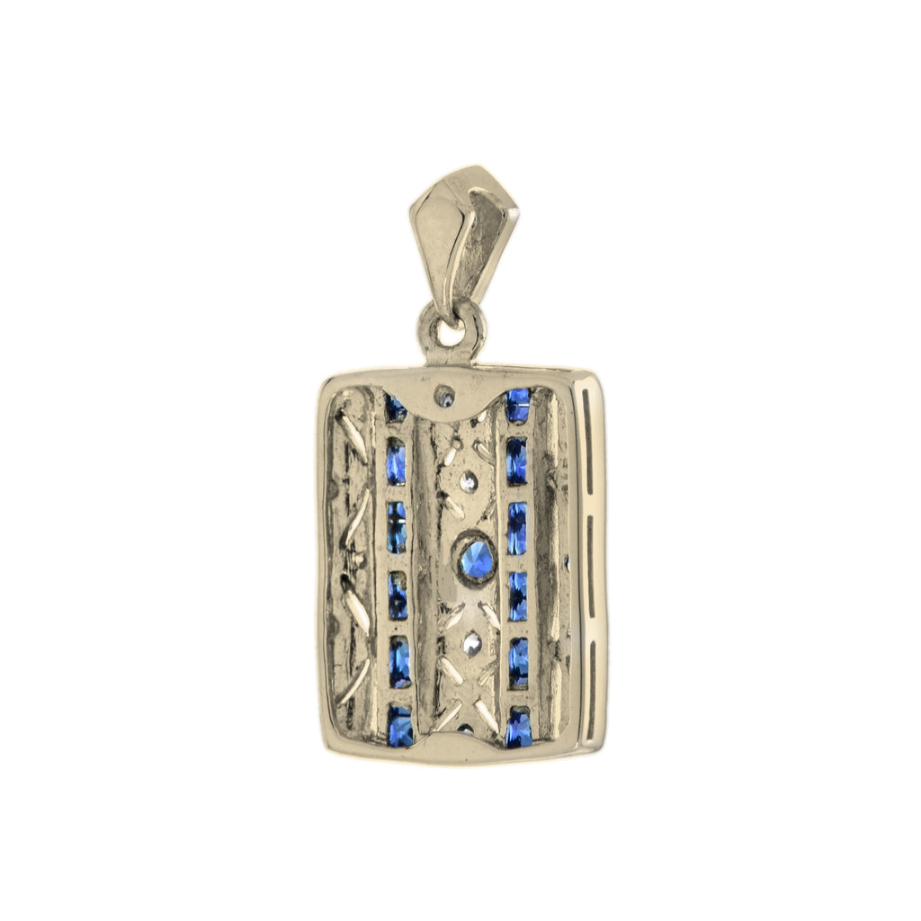 Art Deco Style Blue Sapphire & Diamond Square 14K Yellow Gold Pendant