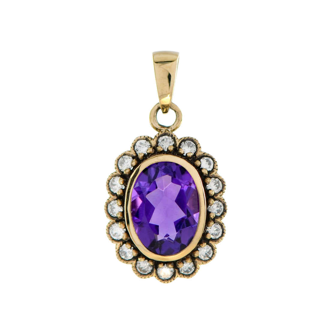 Purple Violet Amethyst & Diamond Vintage Style 14K Gold Pendant