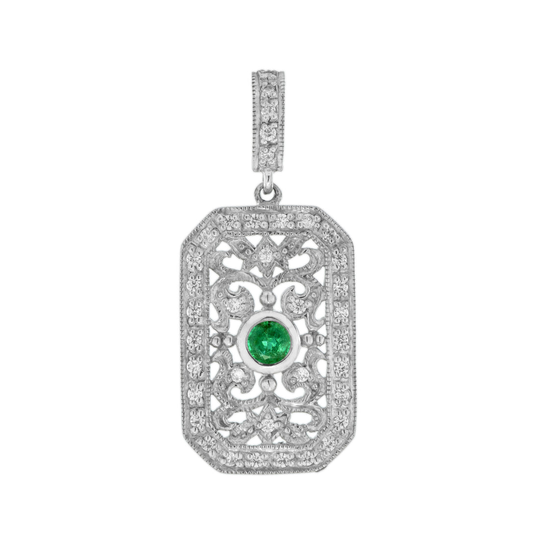 Green Emerald &amp; Diamond Vintage Style Filigree 14K White Gold Pendant