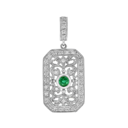 Green Emerald &amp; Diamond Vintage Style Filigree 14K White Gold Pendant