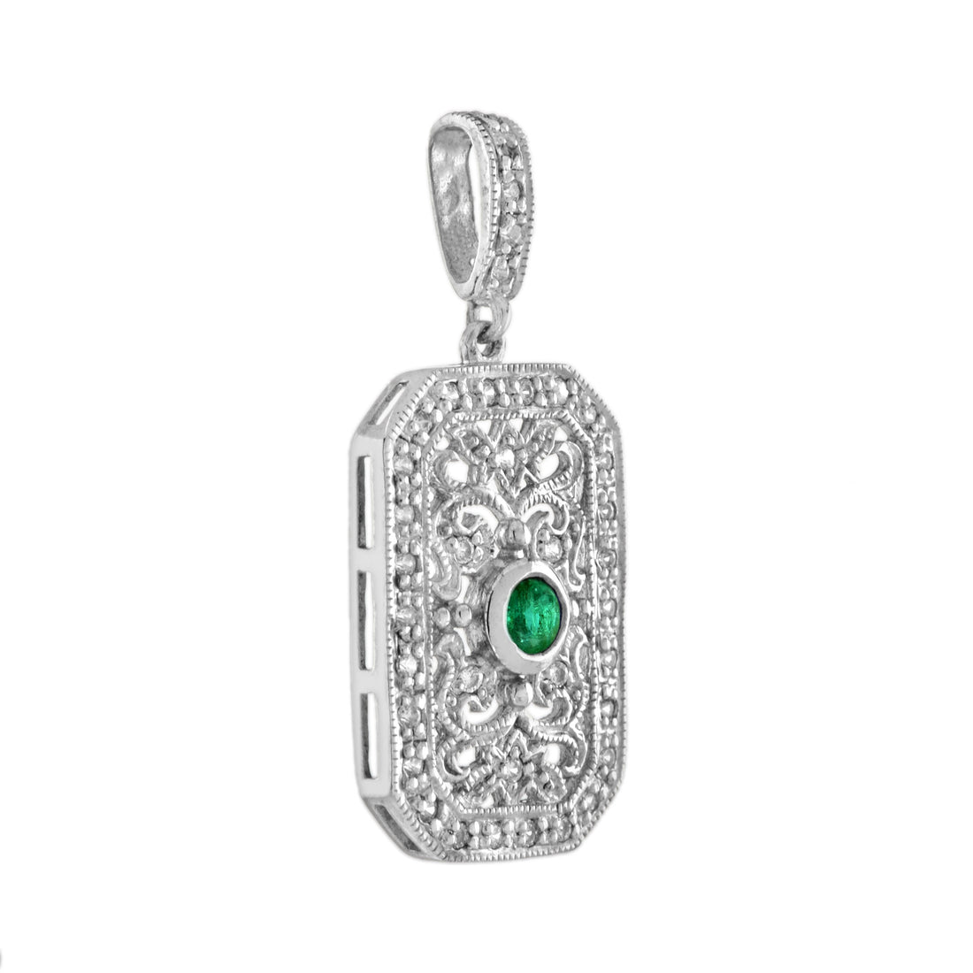 Green Emerald &amp; Diamond Vintage Style Filigree 14K White Gold Pendant