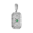 Green Emerald & Diamond Vintage Style Filigree 14K White Gold Pendant