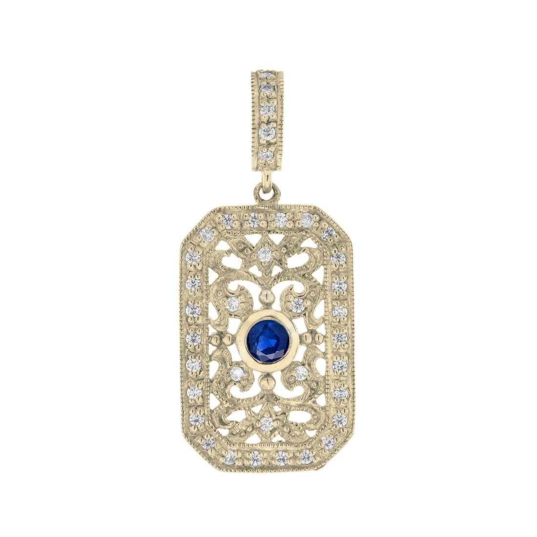 Blue Sapphire & Diamond Vintage Style Filigree 14K Yellow Gold Pendant