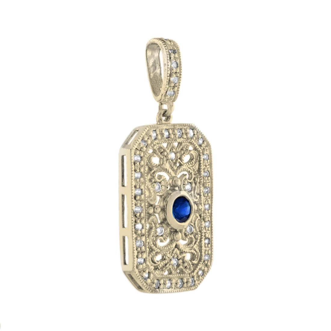 Blue Sapphire &amp; Diamond Vintage Style Filigree 14K Yellow Gold Pendant