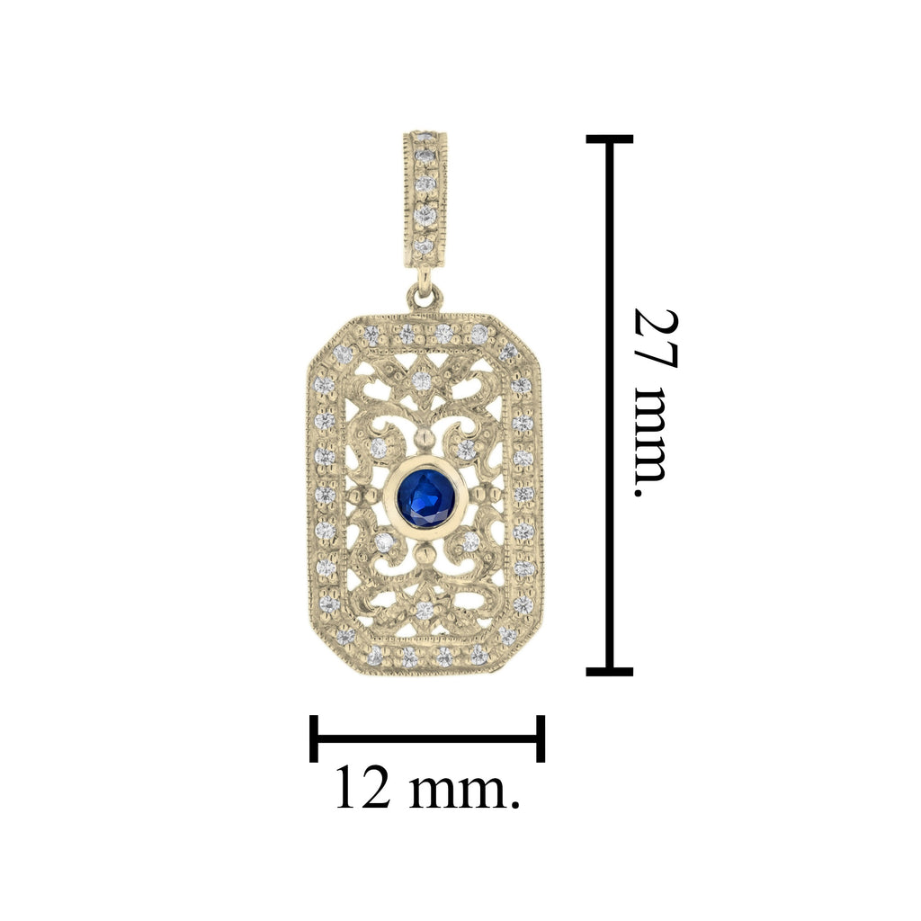 Blue Sapphire & Diamond Vintage Style Filigree 14K Yellow Gold Pendant