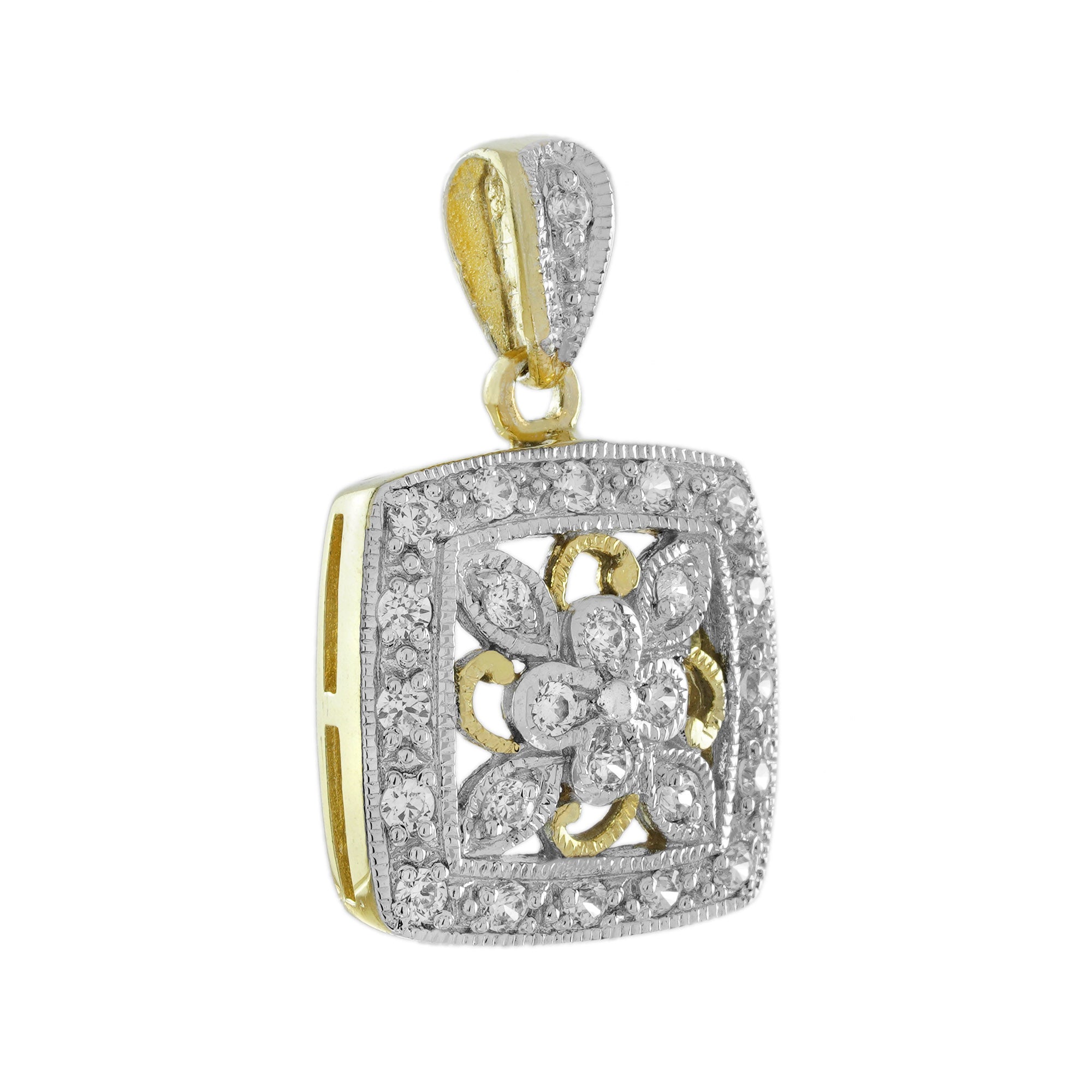 Diamond Vintage Style Floral Cluster Jewelry Set in Two Tone Gold