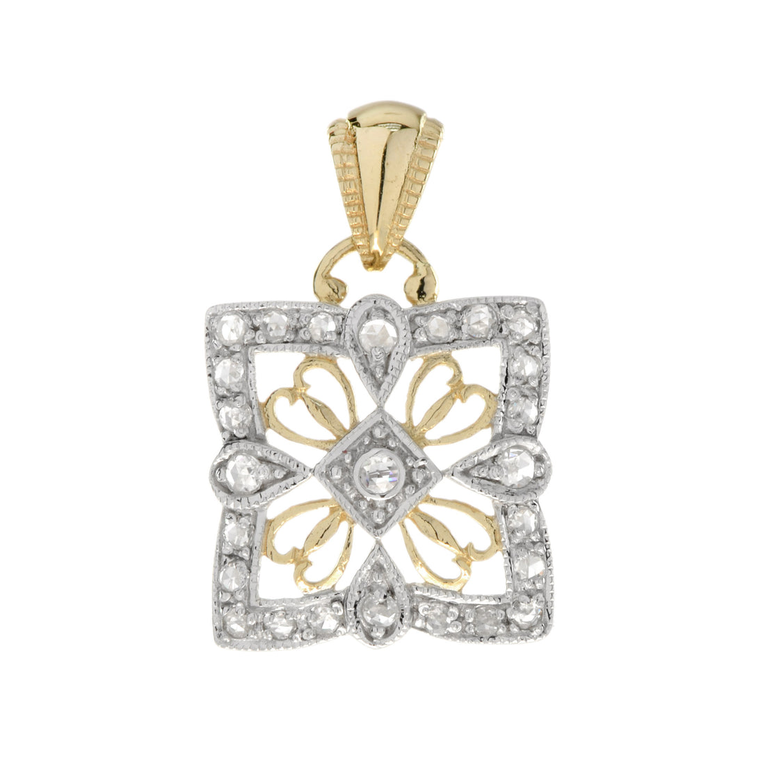 Diamond Vintage Style Filigree Square Floral 14K Two Tone Gold Pendant