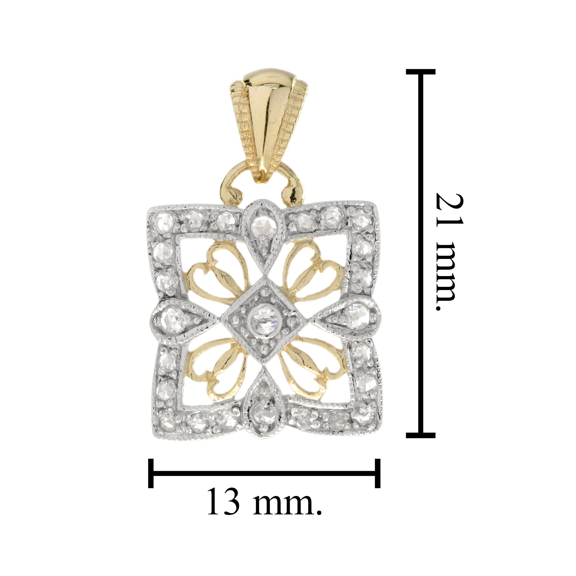 Diamond Vintage Style Filigree Square Floral 14K Two Tone Gold Pendant