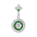Diamond & Green Emerald Wavy Trim Art Deco Style Halo Set 14K White Gold Pendant