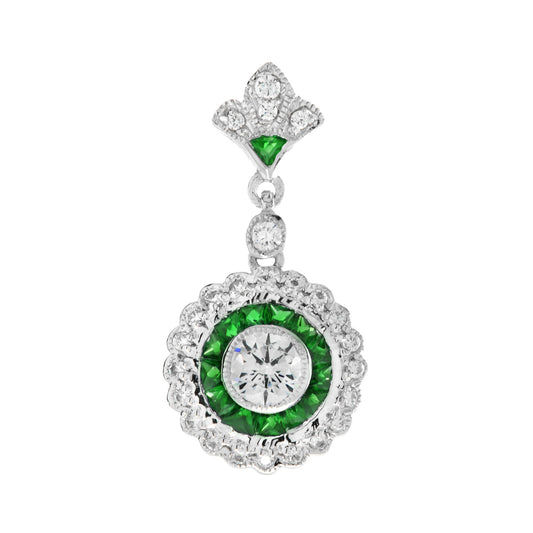 Diamond & Green Emerald Wavy Trim Art Deco Style Halo Set 14K White Gold Pendant