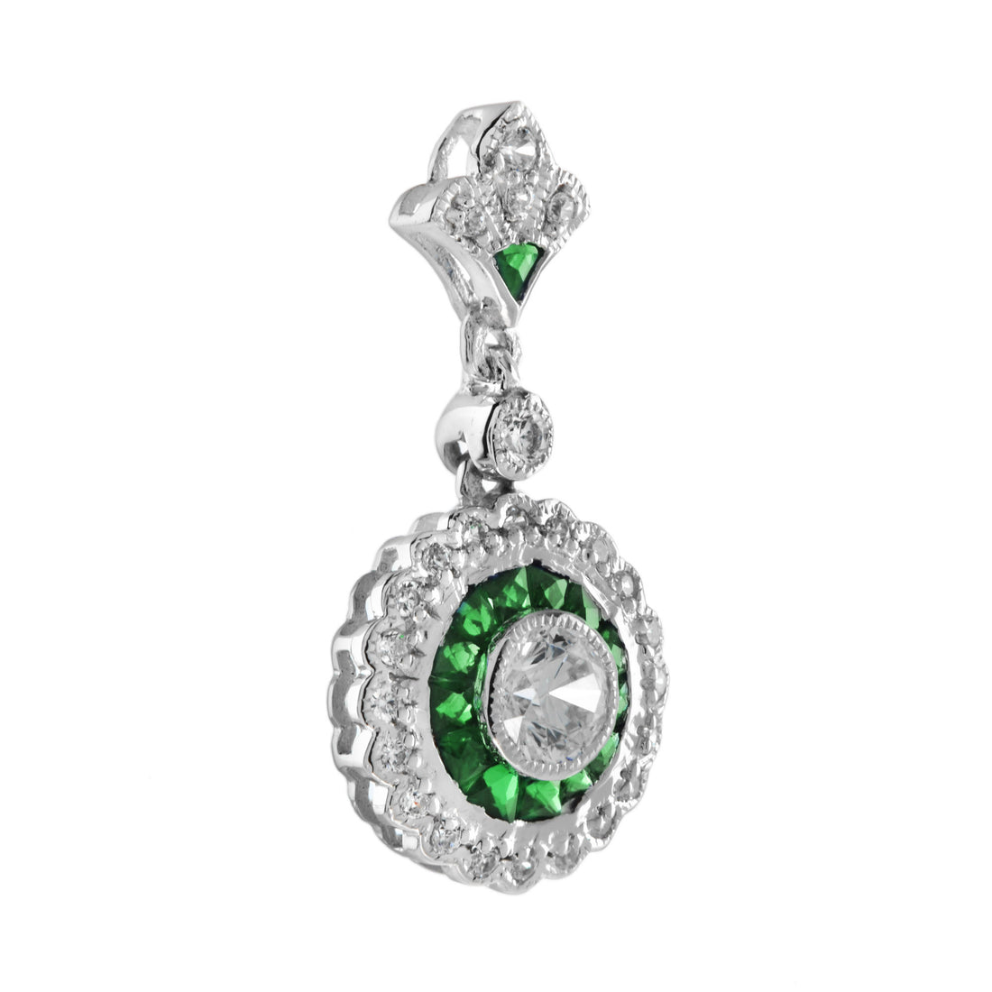 Diamond &amp; Green Emerald Wavy Trim Art Deco Style Halo Set 14K White Gold Pendant