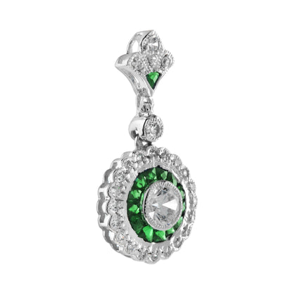 Diamond &amp; Green Emerald Wavy Trim Art Deco Style Halo Set 14K White Gold Pendant