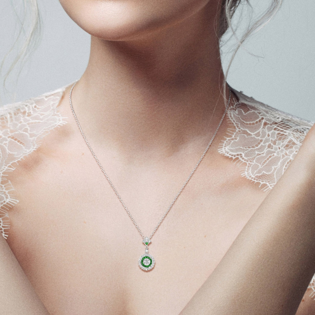 Diamond &amp; Green Emerald Wavy Trim Art Deco Style Halo Set 14K White Gold Pendant