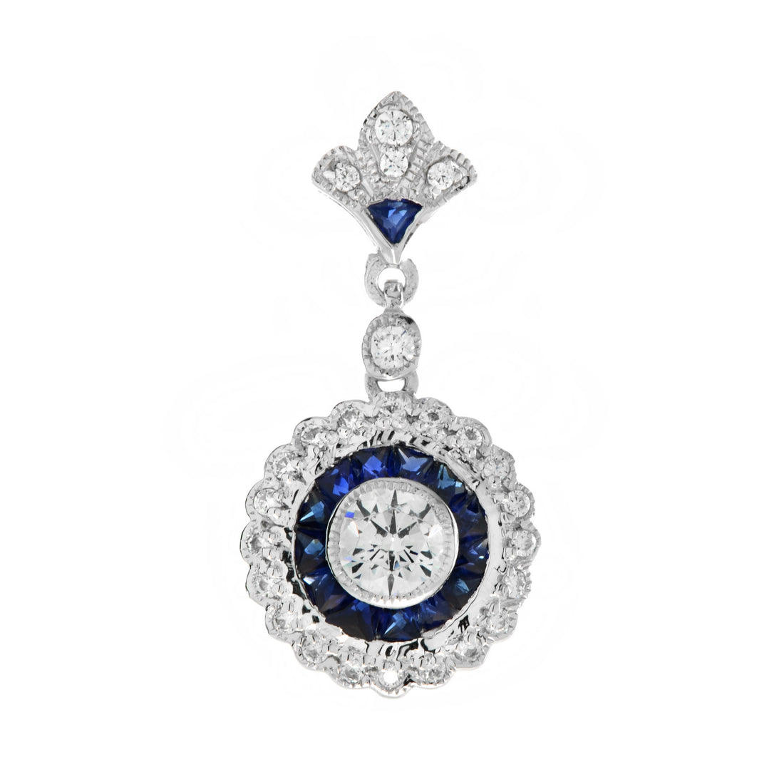Round Diamond &amp; Blue Sapphire Long Wavy Trim Art Deco Style White Gold Pendant