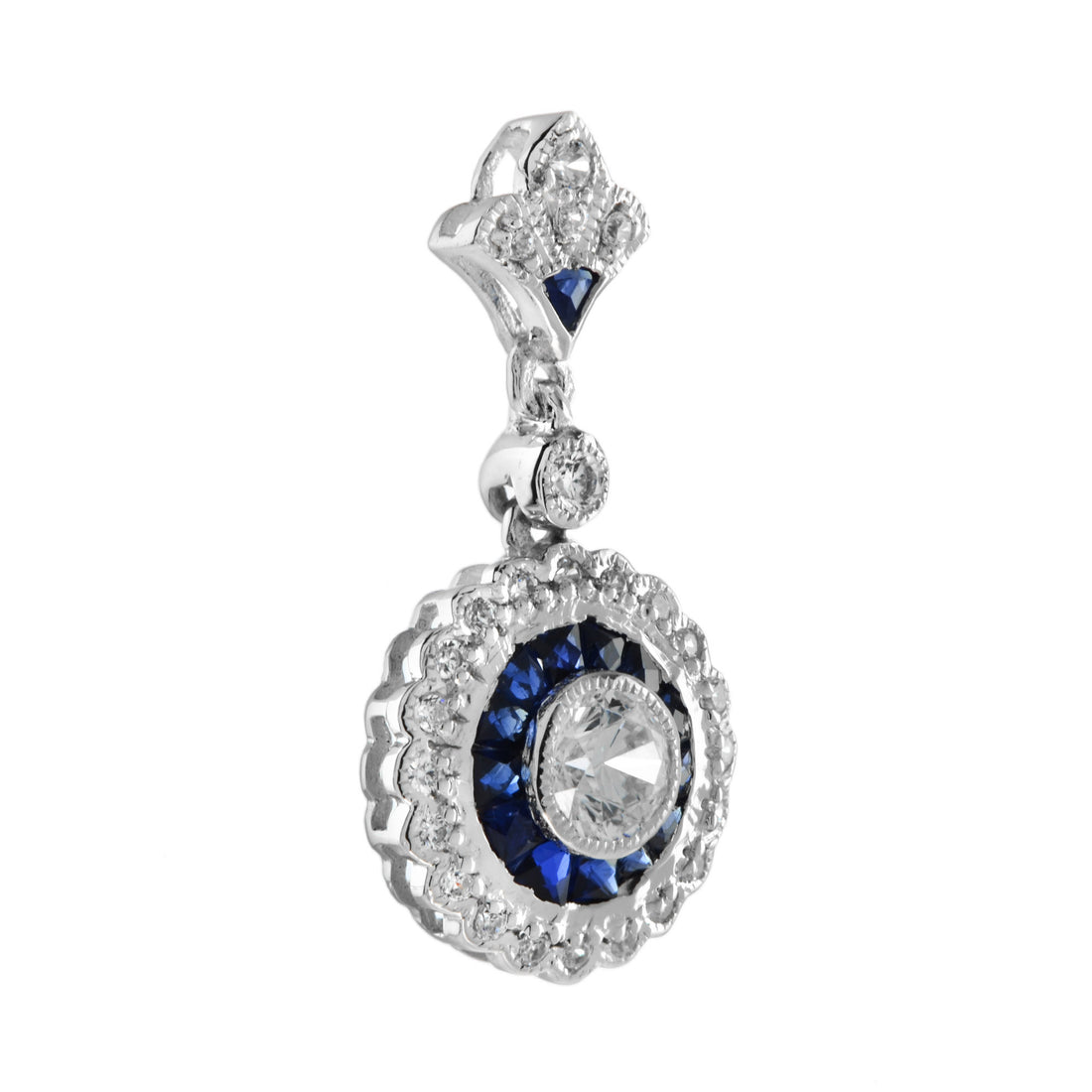 Round Diamond &amp; Blue Sapphire Long Wavy Trim Art Deco Style White Gold Pendant
