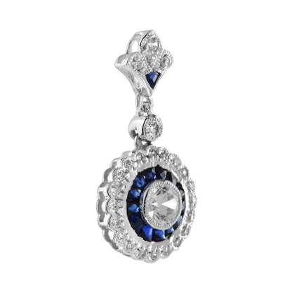 Round Diamond &amp; Blue Sapphire Long Wavy Trim Art Deco Style White Gold Pendant