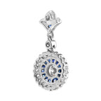 Round Diamond & Blue Sapphire Long Wavy Trim Art Deco Style White Gold Pendant