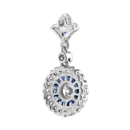 Round Diamond &amp; Blue Sapphire Long Wavy Trim Art Deco Style White Gold Pendant
