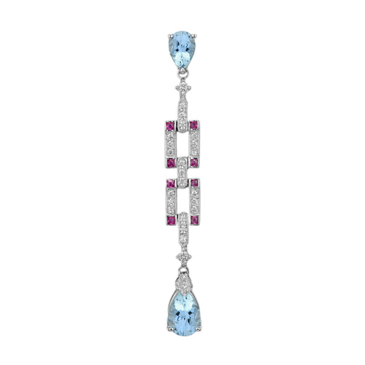 Blue Topaz & Ruby Diamond Art Deco Style White Gold Pendant