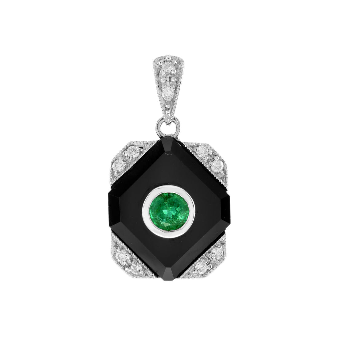 Green Emerald Black Onyx Diamond Art Deco Style Square Shape White Gold Pendant