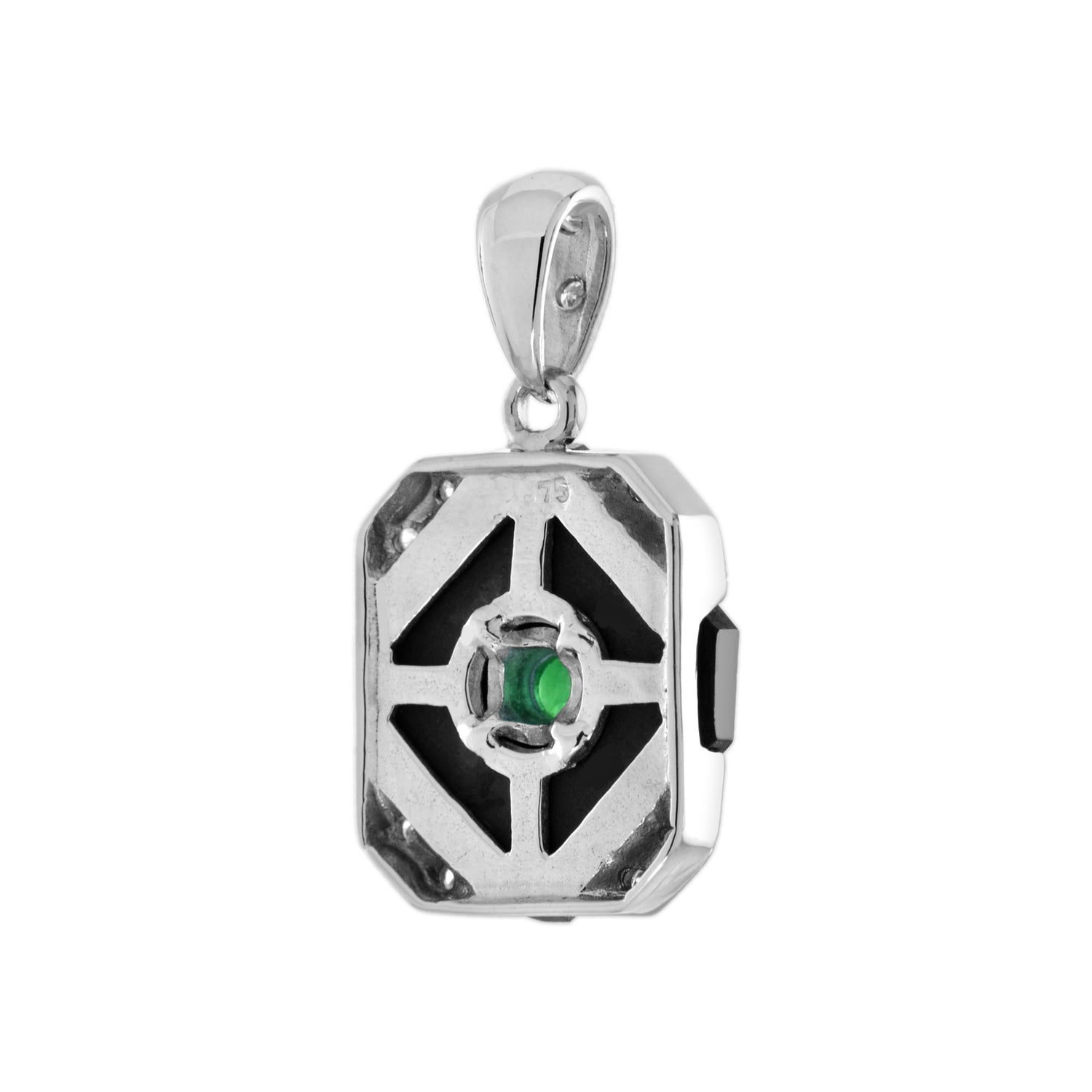Green Emerald Black Onyx Diamond Art Deco Style Square Shape White Gold Pendant