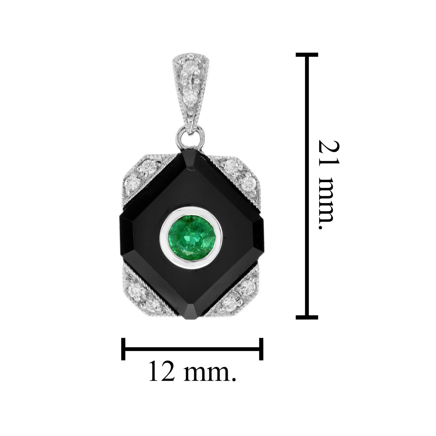 Green Emerald Black Onyx Diamond Art Deco Style Square Shape White Gold Pendant