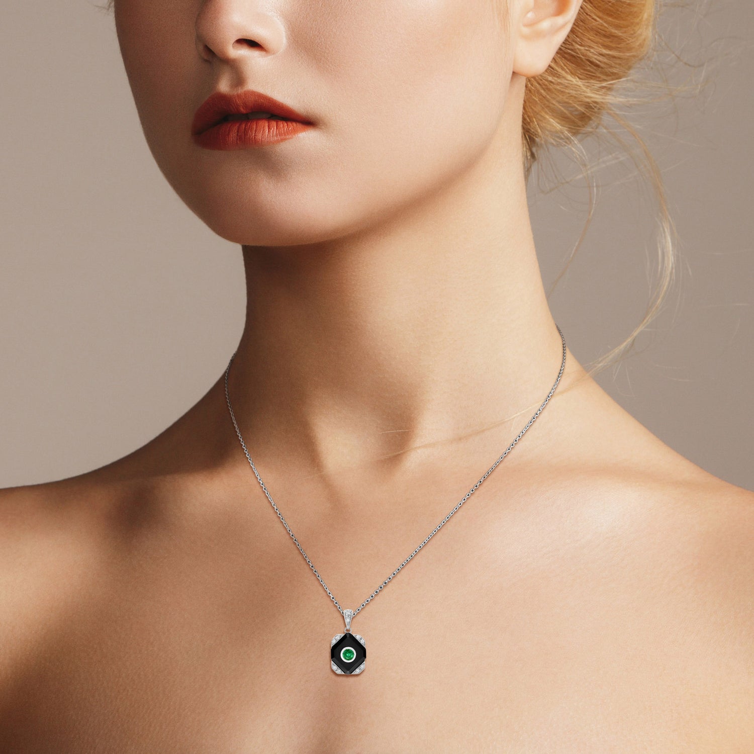 Green Emerald Black Onyx Diamond Art Deco Style Square Shape White Gold Pendant