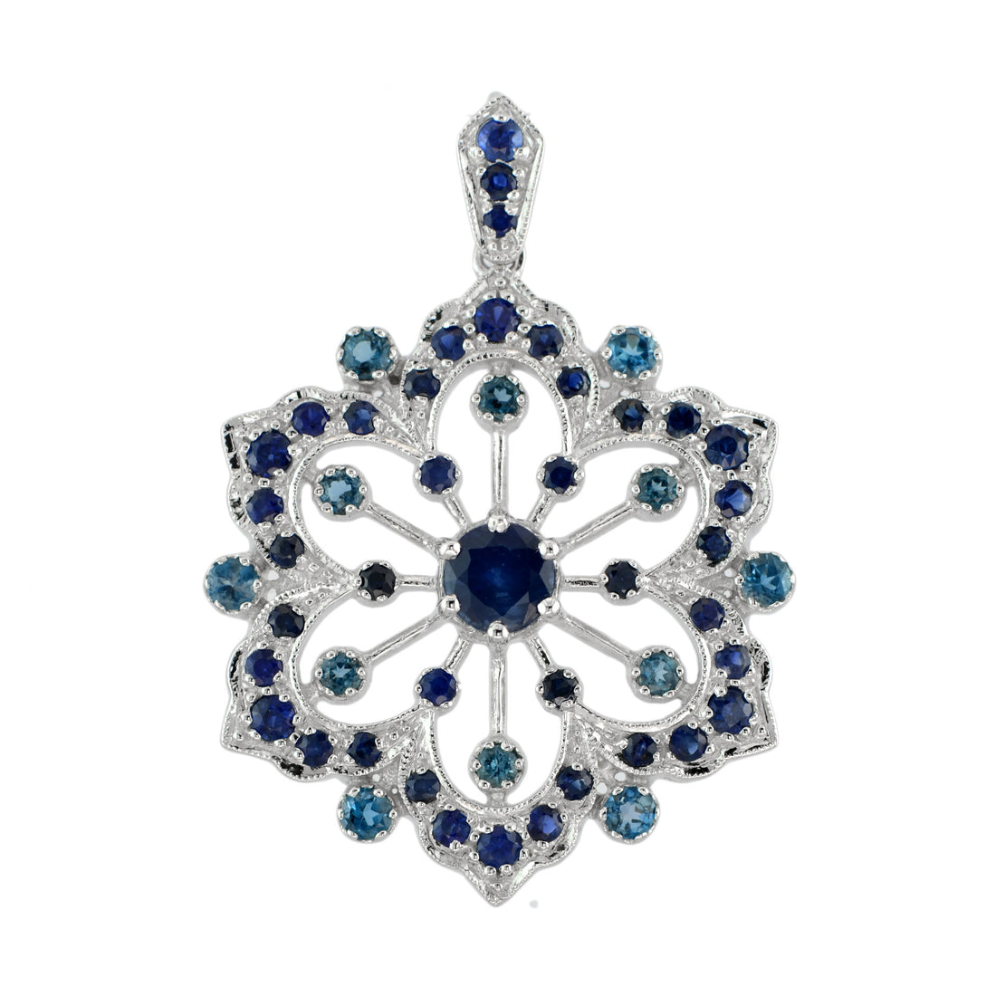Blue Sapphire & London Blue Topaz Vintage Style Floral Flower Snowflake Pendant