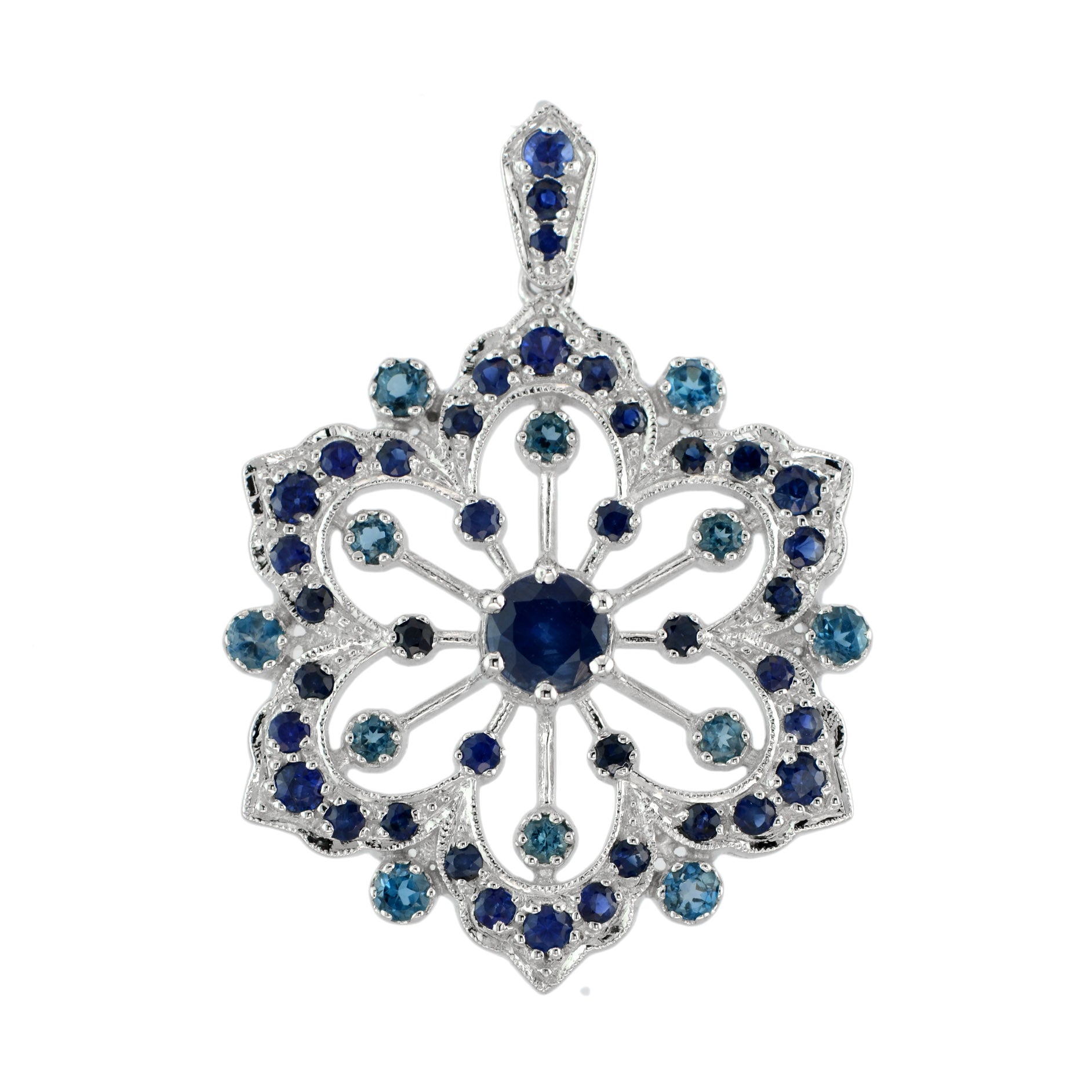 Blue Sapphire & London Blue Topaz Vintage Style Floral Flower Snowflake Pendant