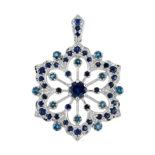 Blue Sapphire & London Blue Topaz Vintage Style Floral Flower Snowflake Pendant