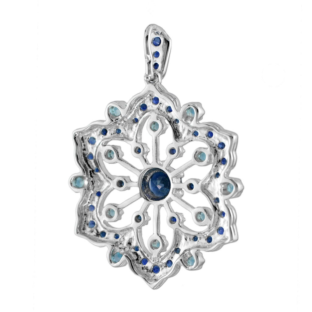Blue Sapphire & London Blue Topaz Vintage Style Floral Flower Snowflake Pendant