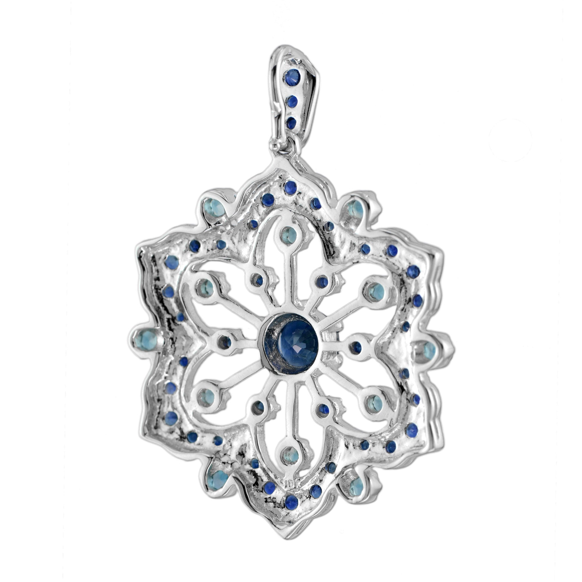 Blue Sapphire & London Blue Topaz Vintage Style Floral Flower Snowflake Pendant